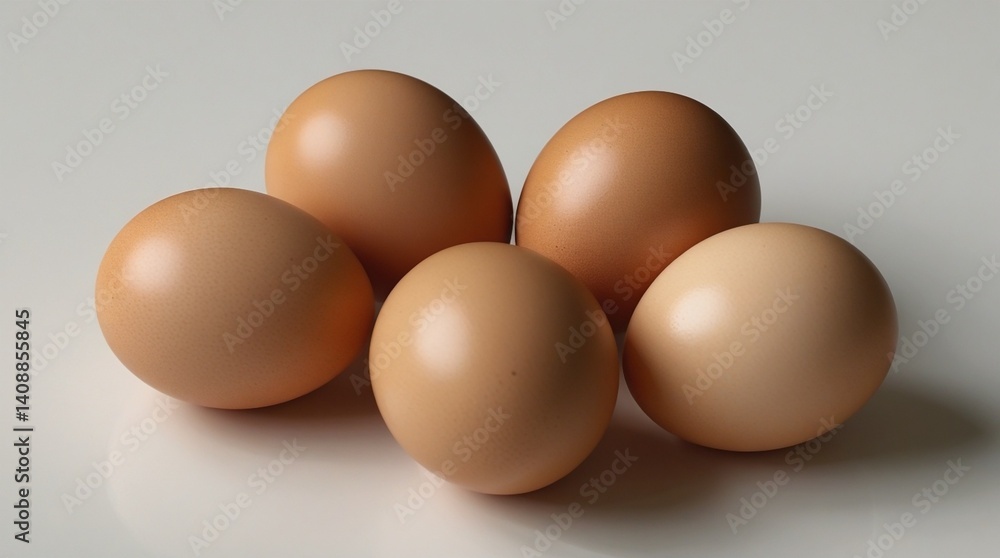 Five brown chicken eggs, arranged neatly on a white surface, have a smooth texture and natural shade variation, with lighting highlighting their curves for a soft, realistic appearance. Five brown chicken eggs, arranged neatly on a white surface, have a smooth texture and natural shade variation, with lighting highlighting their curves for a soft, realistic appearance.