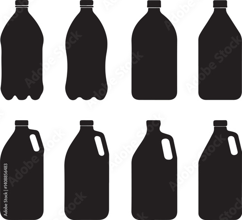 set of different bottles, bottle icons in silhouette style on a white background