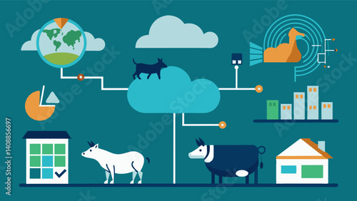 Livestock behavior data is integrated with weather forecasts and feeding schedules allowing for optimized feeding and management practices.. Vector illustration