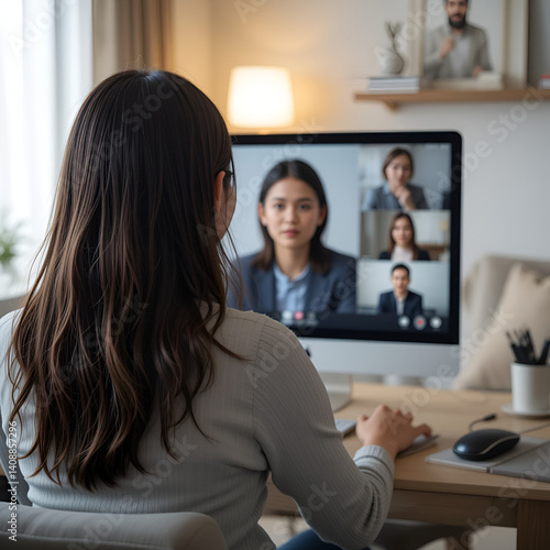 Back rear view young asian woman employee work from home using computer notebook videocall meeting conference angry annoy with low poor unreliable internet wifi connection problem issue outage.