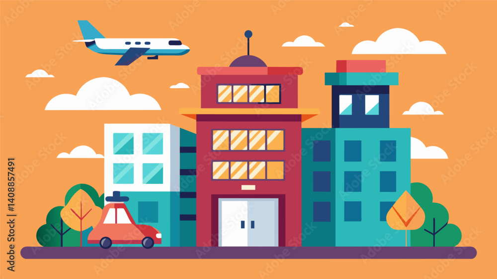 Obraz premium The top of a residential building transforms into a miniairport as a variety of air taxis make their final approach ready to drop off residents after a day of work or play.. Vector illustration