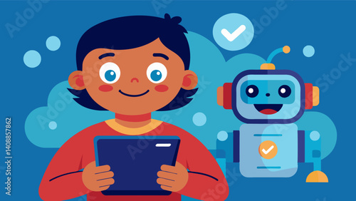 A child using their tablet to code a robot their face a picture of excitement and wonder as they explore the possibilities of technology.. Vector illustration