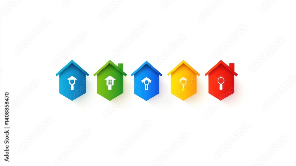 Colorful houses with icons; home services; white background; website banner Colorful houses with icons; home services; white background; website banner