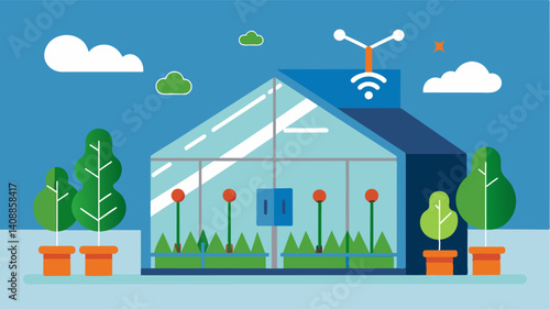Sensors embedded in the greenhouse automatically detect changes in temperature and relay the data to the smart control system.. Vector illustration