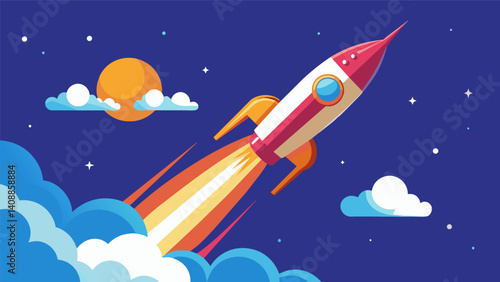 A rocket blasting off into the stratosphere representing the speed and efficiency of modern highspeed data transmissions.. Vector illustration