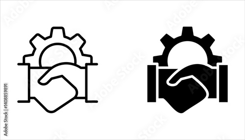 Handshake and gear outline icon set, Cooperation, partnership line icon. linear style sign on white background