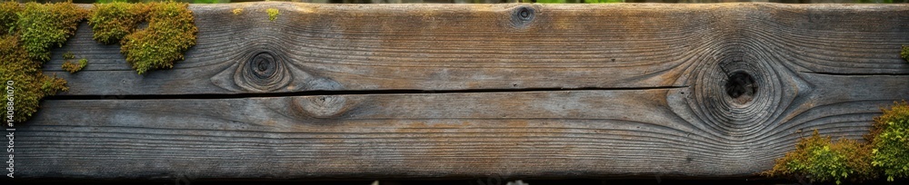 Fototapeta premium Weathered wooden plank with moss and lichen growth on surface, growth, forest