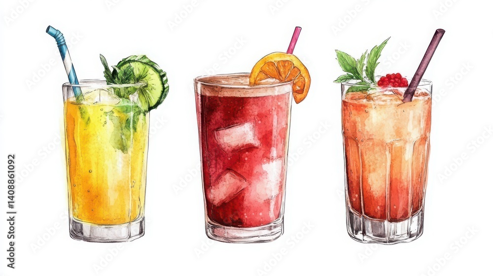 Isolated white background featuring a healthy drink set: juice and smoothie. Isolated white background featuring a healthy drink set: juice and smoothie.