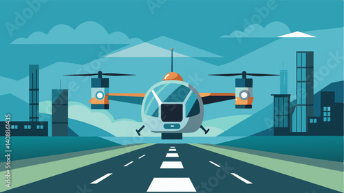 As the eVTOL approaches its destination the automated landing system guides it to a precise landing impressing the passengers with its accuracy.. Vector illustration