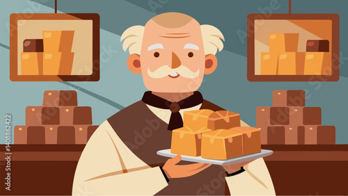 An old weathered man proudly displays his handcrafted dulces de leche rich and creamy caramel squares enrobed in a layer of smooth bitter chocolate at the front of his bustling. Vector illustration