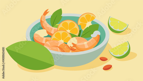 Freshly caught shrimp diced and cured in a citrusy blend of lemon lime and orange juice with a hint of minced garlic.. Vector illustration
