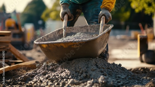 Wallpaper Mural A construction worker mixing concrete in a wheelbarrow. Featuring labor and material preparation Torontodigital.ca