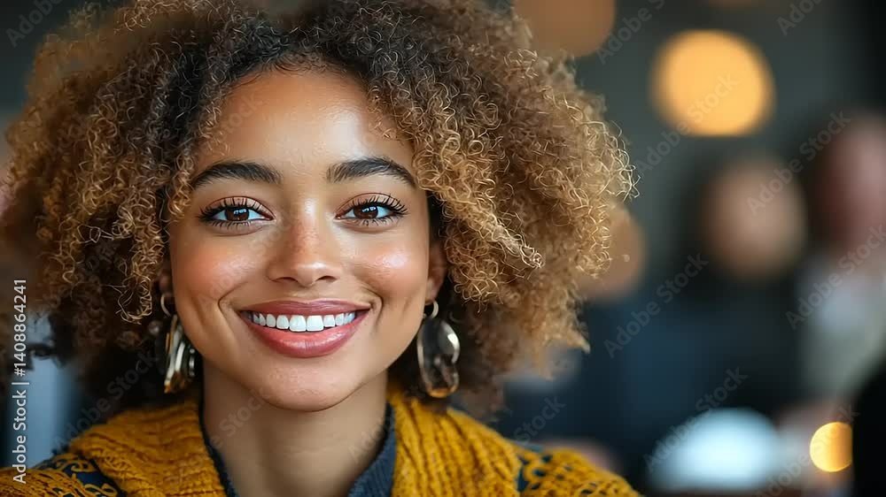 Smiling woman with curly hair in a cozy caf? setting, warm ambiance, people in background Smiling woman with curly hair in a cozy caf? setting, warm ambiance, people in background