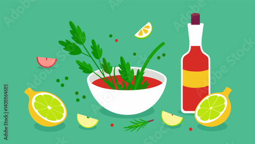 Chives lemon juice and red wine vinegar being finely chopped and mixed together to create a tangy and wellbalanced chimichurri sauce.. Vector illustration