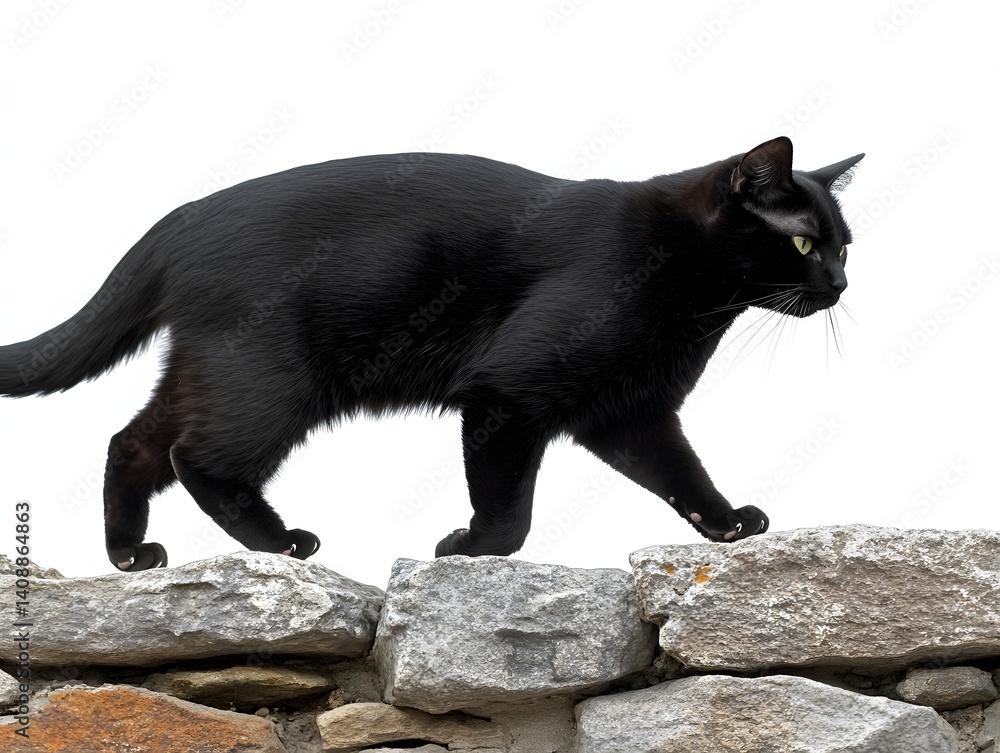 Sleek Black Cat Walking on a Rustic Stone Wall on Transparent Background, Perfect for Animal and Nature Designs Sleek Black Cat Walking on a Rustic Stone Wall on Transparent Background, Perfect for Animal and Nature Designs