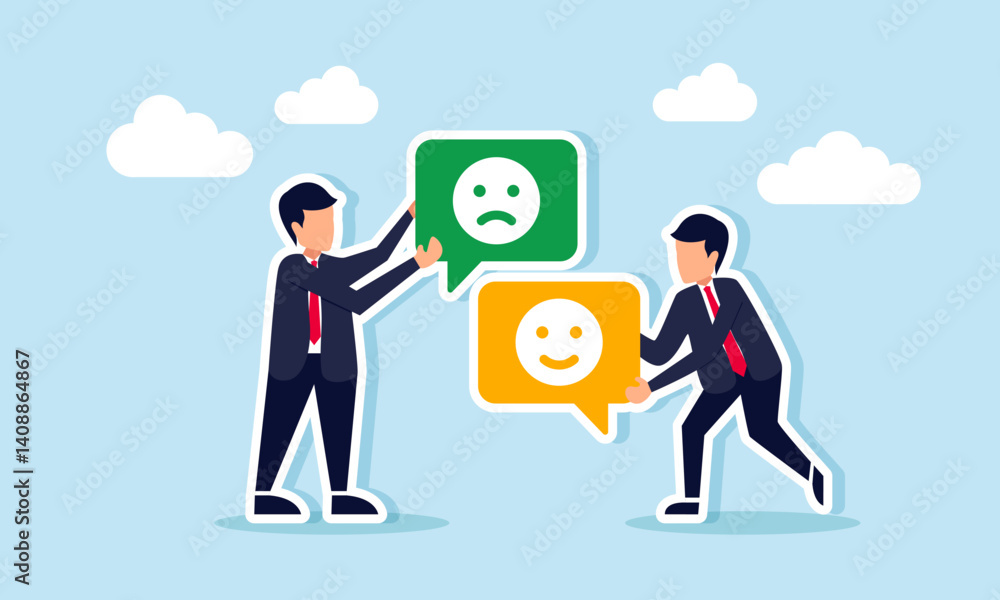 Obraz premium businessman hold a chat dialog labeled with a happy emoticon and another hold a chat dialog with a sad emoticon, illustration of different responses to business performance satisfaction
