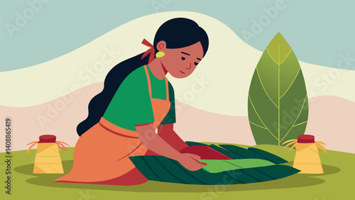 A woman carefully wrapping seasoned meat in banana leaves preparing it to be cooked in the Pachamanca Earth Oven.. Vector illustration