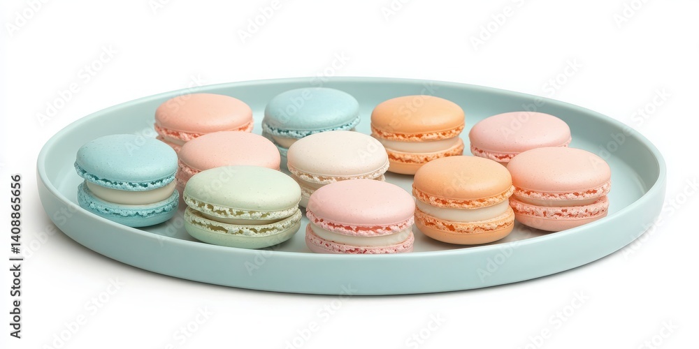 Fototapeta premium Macarons in pastel hues, plate, isolated with white background