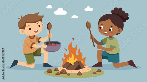 Children play a game where they pretend to cook with rocks and sticks their imaginations a stark contrast to the reality of their scarce food supply.. Vector illustration