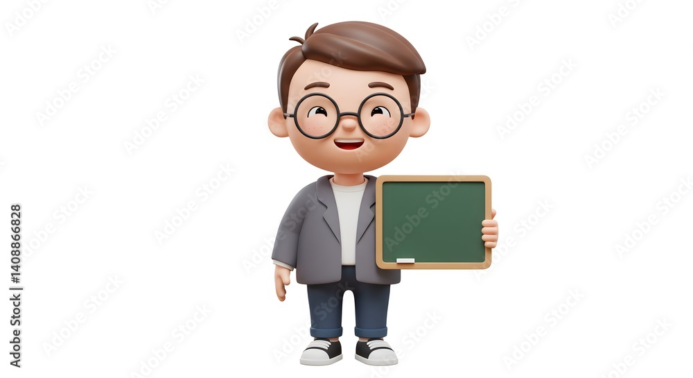 Cartoon character with glasses holding a blank chalkboard, perfect for education concepts. Cartoon character with glasses holding a blank chalkboard, perfect for education concepts.