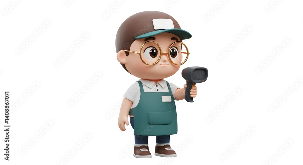 Cute 3D worker character wearing glasses and uniform holding a handheld scanner on white background. Cute 3D worker character wearing glasses and uniform holding a handheld scanner on white background.