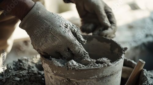Wallpaper Mural A construction worker mixing mortar for bricklaying. Featuring skill and precision Torontodigital.ca