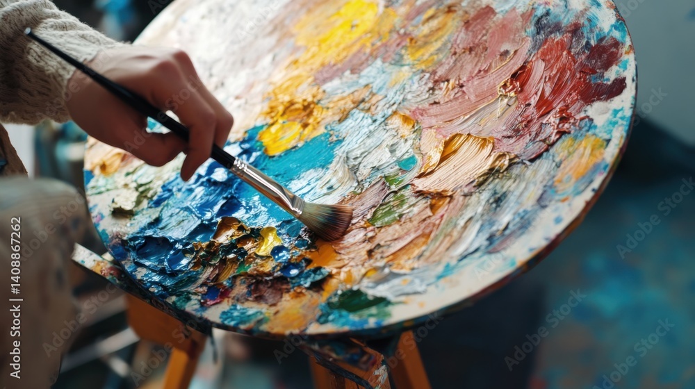 Fototapeta premium Painter mixing colors on a palette in an art studio. Featuring creativity and focus