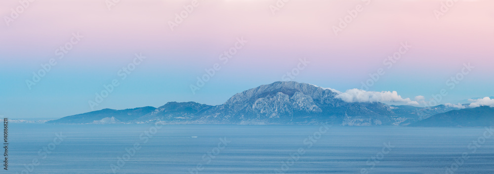 Strait of Gibraltar and coast of Morocco panoramic at sunset, Spain Strait of Gibraltar and coast of Morocco panoramic at sunset, Spain