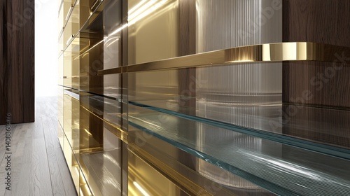 Modern interior with glass shelves and shiny golden accents creates a luxury feel