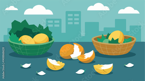 Broken eggs and wilted greens litter the bottom of the empty wicker baskets a stark contrast to the hustle and bustle of the market just a week ago.. Vector illustration