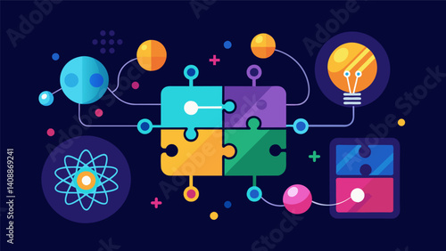 A glowing puzzle with pieces representing different types of data and a quantum particle adding the final piece showcasing the role of quantum computing in solving intricate data. Vector illustration