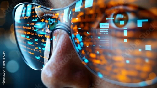 Digital Visionary: A Close-Up of a Man Wearing Smart Glasses Displaying Data Streams
