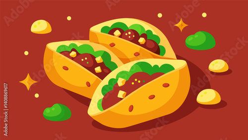 Golden brown pockets of heaven bursting with tender beef corn and peas in a zesty tomato sauce.. Vector illustration