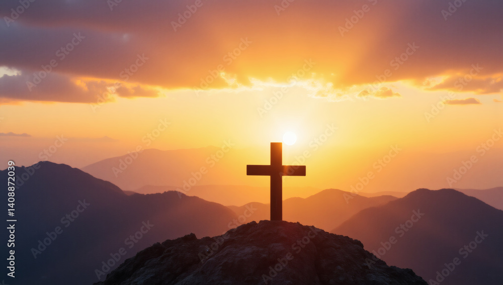 Stunning Sunset Cross on Mountain Peak, Faith, Hope, Sunrise Silhouette, Inspirational Landscape, Spiritual Symbol, Divine Light, Scenic Worship, Majestic Horizon, Christian Art, Stunning Sunset Cross on Mountain Peak, Faith, Hope, Sunrise Silhouette, Inspirational Landscape, Spiritual Symbol, Divine Light, Scenic Worship, Majestic Horizon, Christian Art,