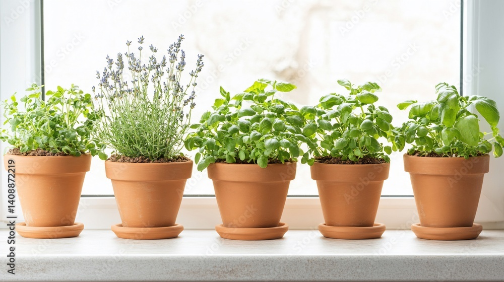 Potted herbs on a windowsill Potted herbs on a windowsill