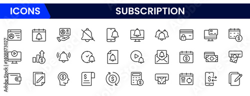 Vector illustration web line icon collection depicting subscription services—magazines, streaming, memberships, recurring payments, digital content, boxes, and exclusive access.