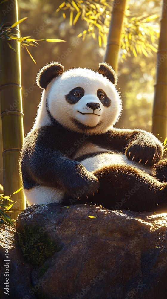 Obraz premium Giant Panda stretching limbs the sun lying on a warm rock under the soft glow of the early morning light The pandas fur glistens and the surrounding bamboo grove adds depth and serenity to the scene