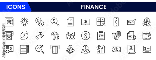 Vector illustration web line icon collection representing finance concepts like money, bank, calculator, budget, investment, savings, credit card, growth chart, and currency symbols.