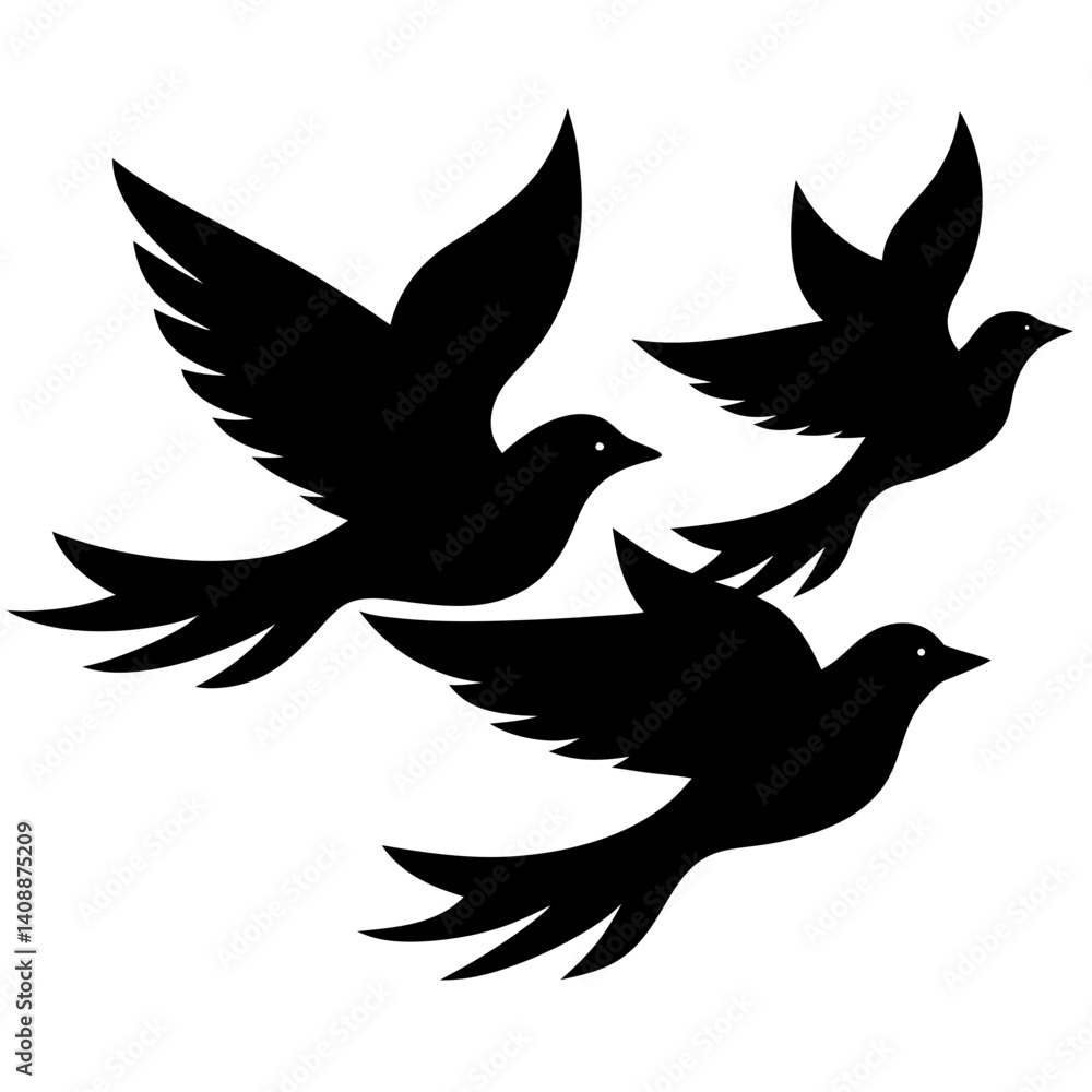 Obraz premium Black Silhouette Of Three Flying Birds Against A White Background Vector Graphic Template For Design And Decoration Projects