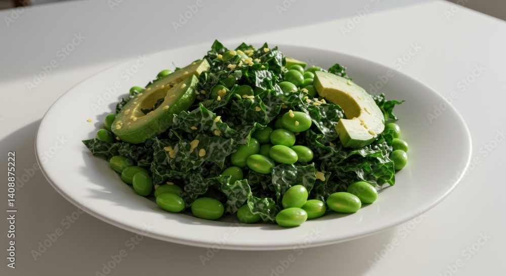 Salad with green vegetables avocado and edamame beans on a white plate. Salad with green vegetables avocado and edamame beans on a white plate.