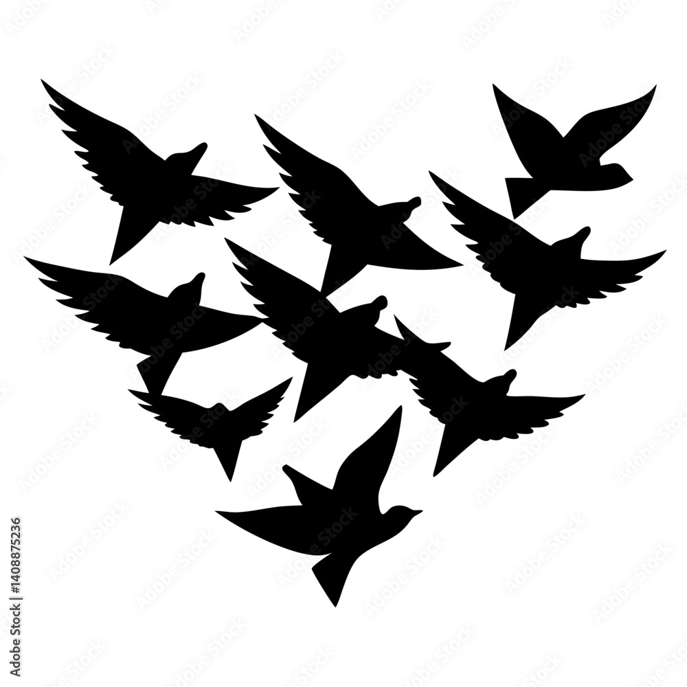 Obraz premium Flock Of Birds Flying Silhouette Vector Graphic Design Avian Wildlife Decorative Element Migration Graphic Resource Concept