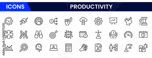 Vector illustration web line icon collection featuring time management, task lists, calendars, focus tools, teamwork, checkmarks, progress bars, reminders, workflow, and goal tracking.