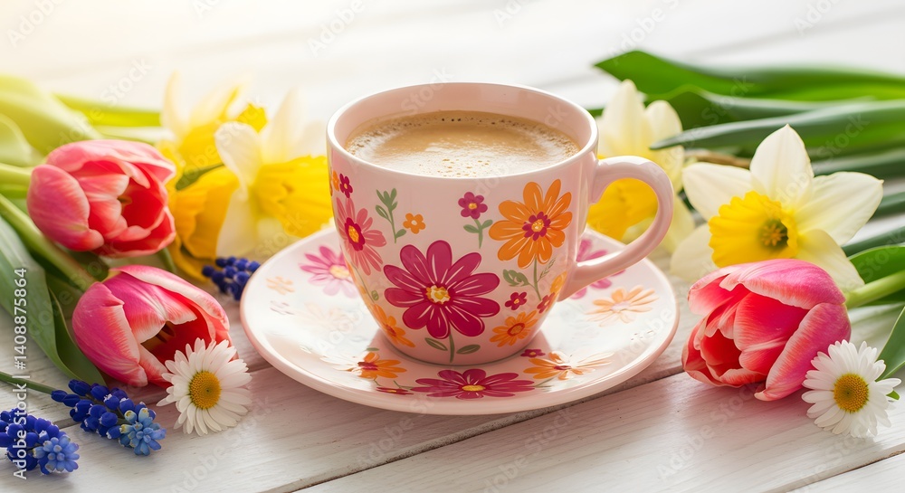 Floral coffee cup with tulips and daffodils on a bright white wooden table in a sunny setting. Floral coffee cup with tulips and daffodils on a bright white wooden table in a sunny setting.