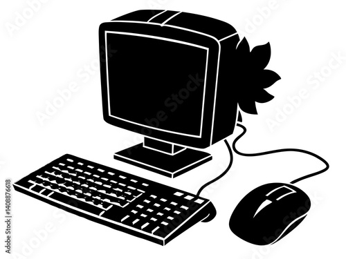 Black And White Vector Illustration Of Vintage Desktop Computer Setup With Monitor Keyboard And Mouse