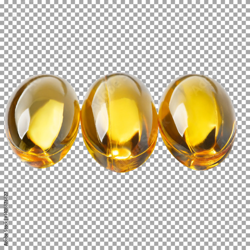 Three golden color oil in soft gel capsule, Bright Yellow Vitamin Capsules on White Background on transparent background, png, psd
