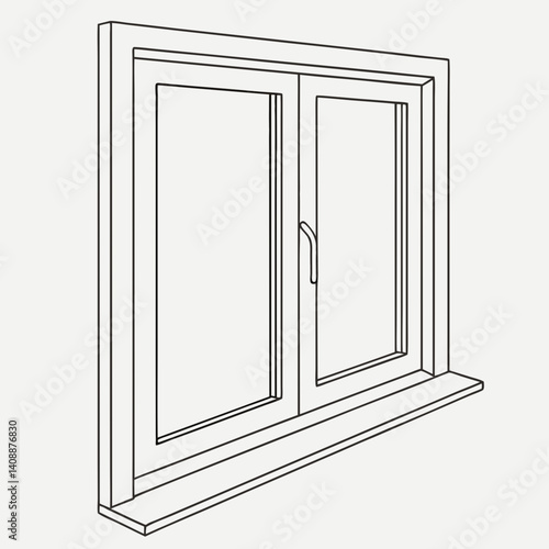Illustration Of A Double Window Frame With Sill In Black And White Outline Style Isolated On A Plain Background