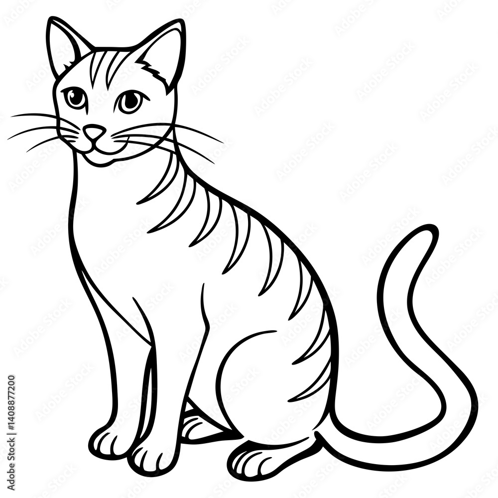 Simple Outline Illustration Of A Sitting Tabby Cat With Tail Up And Stripes On White Background Simple Outline Illustration Of A Sitting Tabby Cat With Tail Up And Stripes On White Background