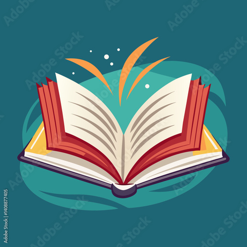 Open Book Vector Illustration With Stylized Pages And Energy Sparks On Teal Background For Education And Learning