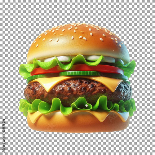 3D rendering of a hamburger, Tasty Double Cheeseburger with Lettuce, Tomato, and Onion on transparent background, png, psd

