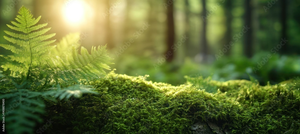 Fototapeta premium Sunlit Forest Moss and Ferns: A Serene Nature Scene